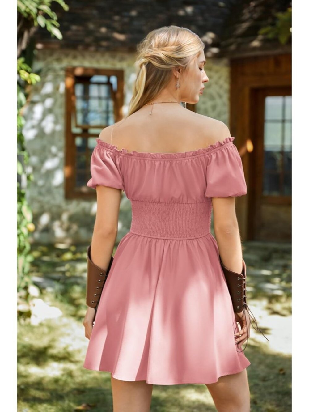 Women's Pink Renaissance Costume Corset Dress Mini Off Shoulder Fairy Dresses - Picture 4 of 6